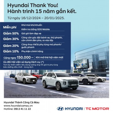 CHỈ CÒN 1 NGÀY CUỐI CÙNG ĐỂ NHẬN ƯU ĐÃI DỊCH VỤ "HYUNDAI THANK YOU - HÀNH TRÌNH 15 NĂM GẮN KẾT"