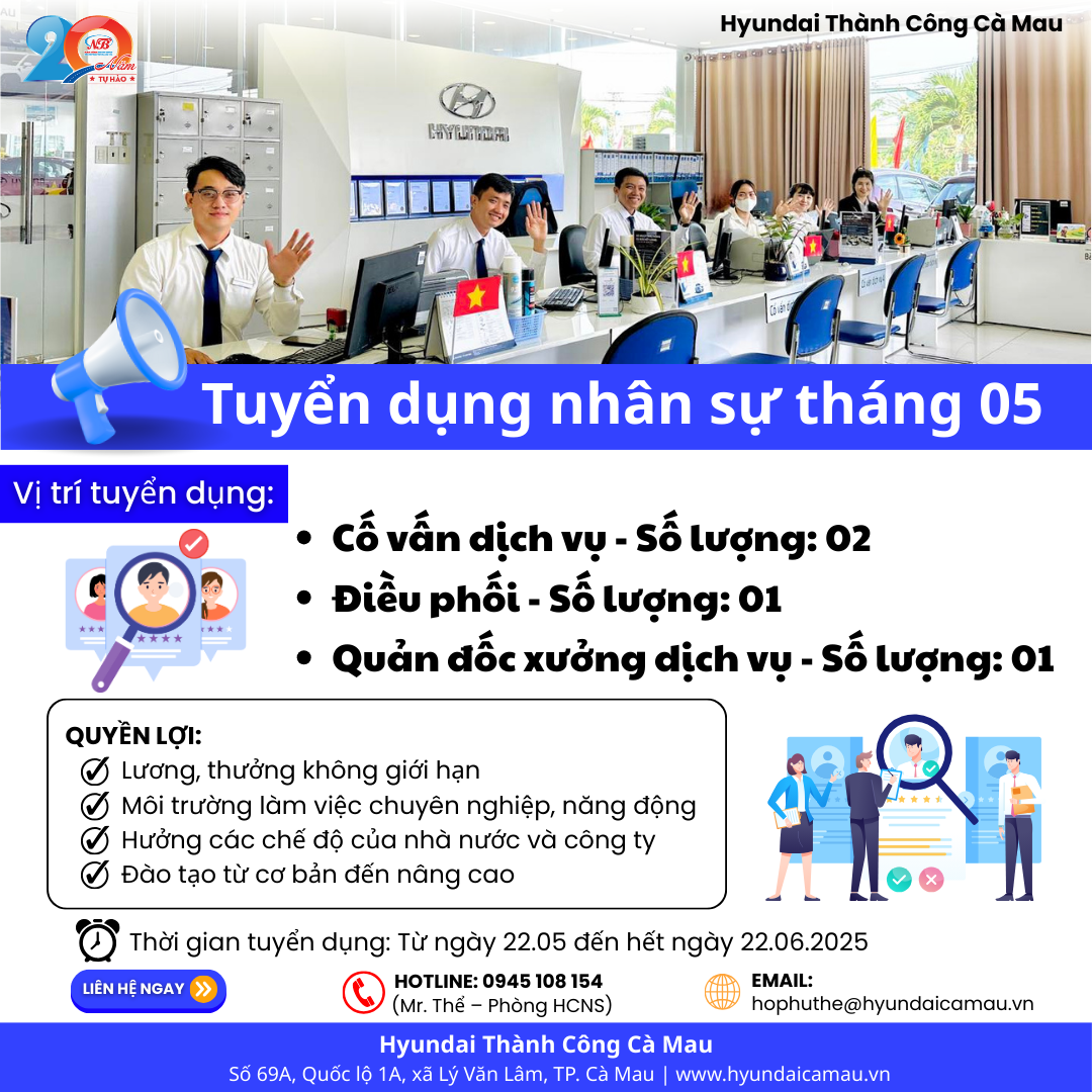 [TUYỂN DỤNG THÁNG 05/2025] HYUNDAI THÀNH CÔNG CÀ MAU – CƠ HỘI VIỆC LÀM ĐỘT PHÁ THU NHẬP!