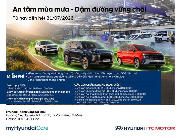 AN TÂM MÙA MƯA – DẶM ĐƯỜNG VỮNG CHÃI CÙNG XƯỞNG DỊCH VỤ HYUNDAI THÀNH CÔNG CÀ MAU